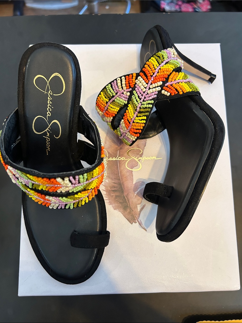Jessica Simpson Black Heeled Slide Sandals with Multicolor Bead Embellishment